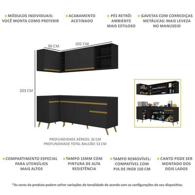 Cozinha Compacta De Canto Mp2058 Com Armário E Balcão Preta
