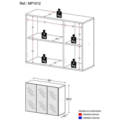 Aparador 3 Portas Com Espelho Suspenso Mp1012 Branco