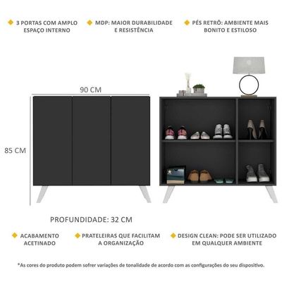 Sapateira Retrô 3 Portas Nina Mp6018 Preta Branca