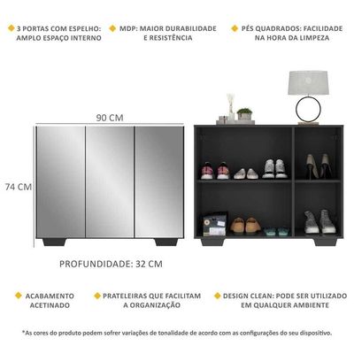 Sapateira Com Espelho 3 Portas Nina Mp6023 Preta