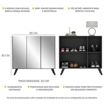 Sapateira Retrô Com Espelho 3 Portas Nina Mp6022 Preta