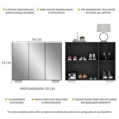Sapateira Com Espelho 3 Portas Nina Mp6023 Preta Branca