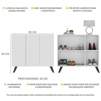 Sapateira Retrô 3 Portas Nina Mp6018 Branca Preta