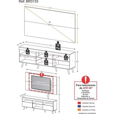 Rack C/ Painel Tv 65" Retrô Holanda Br3133 Branco Natural