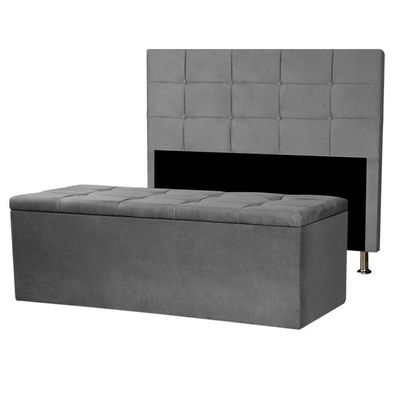 Kit Cabeceira E Calçadeira Baú Solteiro 0,90m Roma Suede Cinza Dal Poz Estofados