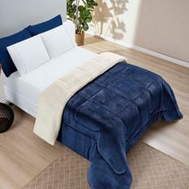 Coberdrom Diamond Casal King Sherpa Com Manta Flannel 01 Peça - Azul Marinho