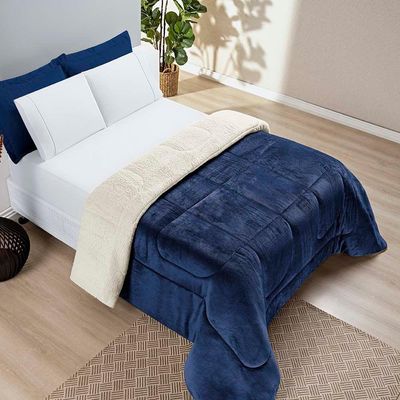 Coberdrom Diamond Casal King Sherpa Com Manta Flannel 01 Peça - Azul Marinho