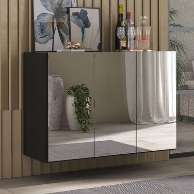Aparador Buffet 3 Portas Com Espelho Suspenso Mp1012 Preto