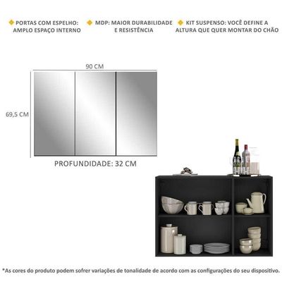 Aparador Buffet 3 Portas Com Espelho Suspenso Mp1012 Preto