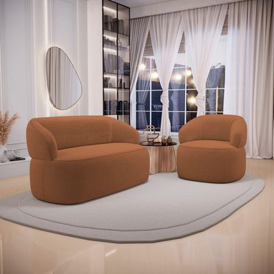 Kit Poltrona Giratória E Sofá Orgânico Living Glee 03 Lugares 170cm Bouclê Terracota - Desk Design