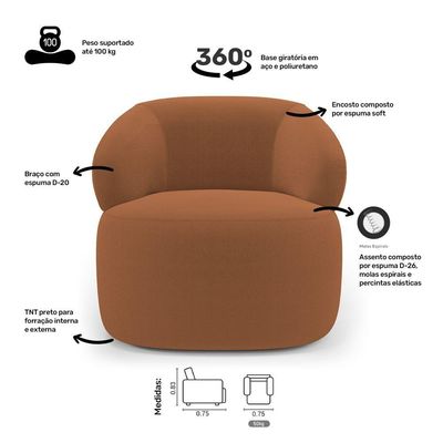 Kit Poltrona Giratória E Sofá Orgânico Living Glee 03 Lugares 170cm Bouclê Terracota - Desk Design