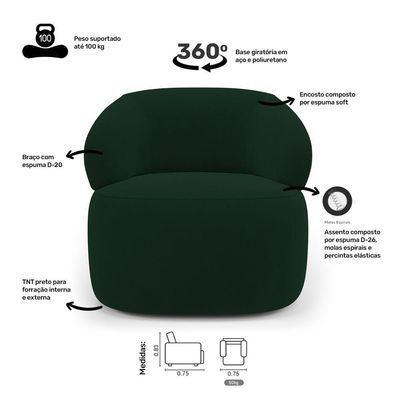 Kit 02 Poltronas Giratória E 01 Sofá Orgânico Glee 03 Lugares 170cm Veludo Verde Escuro Desk Design