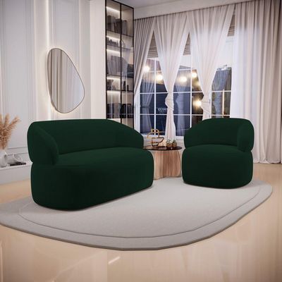 Kit 02 Poltronas Giratória E 01 Sofá Orgânico Glee 03 Lugares 170cm Veludo Verde Escuro Desk Design