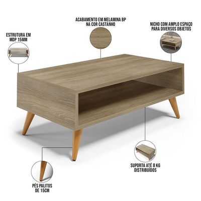 Kit Aparador Com Mesa De Centro Mônaco Pés Palito L03 Castanho
