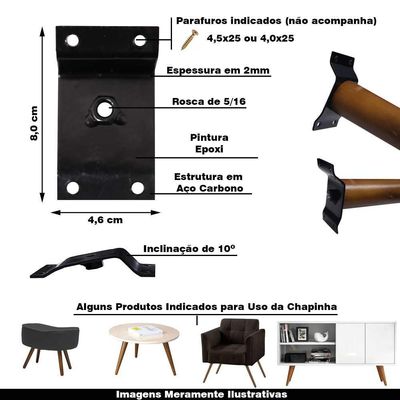 Kit 10 Chapinhas Inclinada 10º Pés Palito Rosca 5/16 Preto