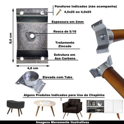 Chapa Elevada Com Tubo Fixação Pés Palito Rosca 5/16 Zincada