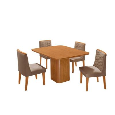Mesa De Jantar Eloise Canto Copo 4 Cadeiras Moderna Mobília Veludo Capuccino/naturalle
