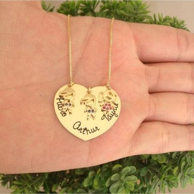 Gargantilha Coração Personalizado E Pingente Filhos (as) Banhado A Ouro 18k