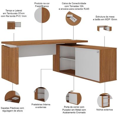 Mesa Para Escritório Home Office Em L 170x155cm Unik A02 Freijó Branco - Lyam Decor