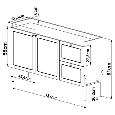 Aparador Buffet Para Sala De Jantar 139cm Pés Madeira Moss A03 Hanover Roble