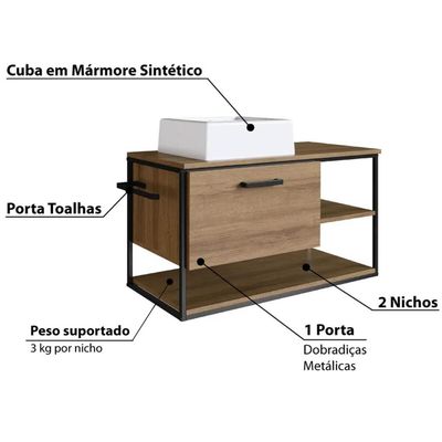 Gabinete Para Banheiro com Cuba e Gaveta Suspenso 80cm Mel Industrial Placa e Ponto