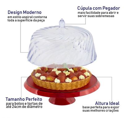 Boleira Porta Bolo com Cúpula e Pé 25cm Vermelho Transparente Glassy Crippa Doces