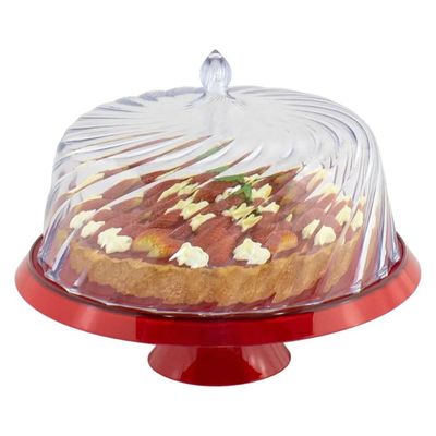 Boleira Porta Bolo com Cúpula e Pé 25cm Vermelho Transparente Glassy Crippa Doces