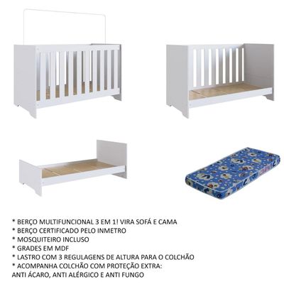 Berço 3 x 1 e Colchão Branco Linha Aconchego Completa Móveis