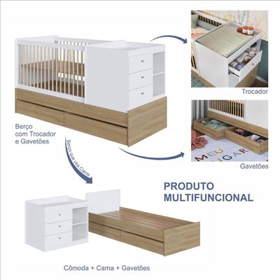 Berço Cama Multifuncional com Gavetões Aveiro com Branco