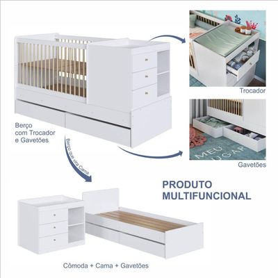 Berço Cama Multifuncional com Gavetões Branco