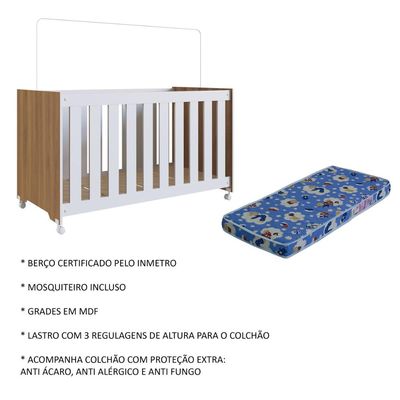Berço com Rodízios e Colchão Nogal e Branco Completa Móveis