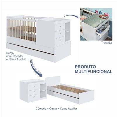 Berço Cama Multifuncional com Auxiliar Branco