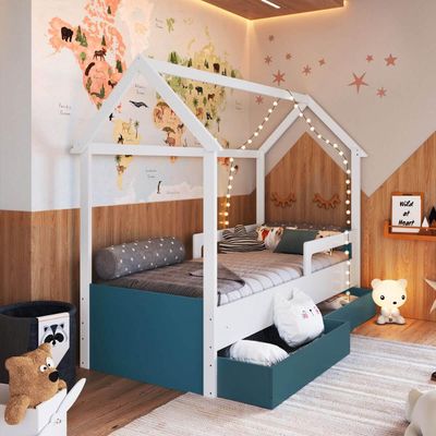 Cama Infantil Montessoriana com Gavetas Branco com Azul