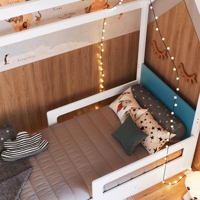 Cama Infantil Montessoriana com Cama Auxiliar Branco e Azul