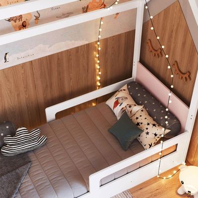 Cama Infantil Montessoriana com Gavetas Branco com Rosa