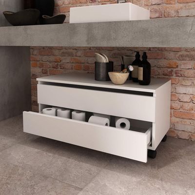 Balcão Gabinete para Banheiro 80cm com Rodízio e 2 Gavetas Branco sem Cuba