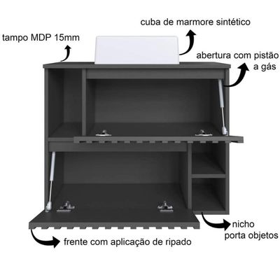 Gabinete Suspenso Luiza Grafite Cuba Branca Espelheira Ripada 75cm Em Mármore Sintético De Banheiro