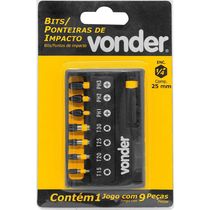 Jogo de bits/ponteiras de impacto S2 com 9 peças encaixe sextavado 1/4" VONDER
