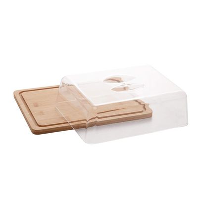 Queijeira de Bambu com Tampa de Plástico Prato Porta Frios Retangular Lyor 24x18x7cm