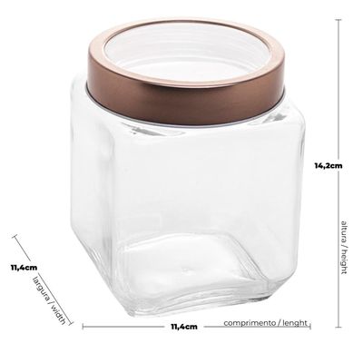 Kit 12 Potes de Vidro 1,2L Quadrado com Tampa Metal Mantimentos Rosé Gold Gran Gastro Lyor