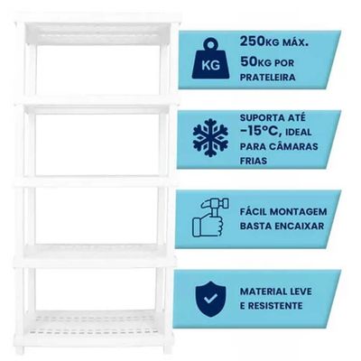 Kit 2 Estantes Modular 5 Prateleiras Câmara Fria Até 250kg Multiuso Ordene Branca Plástica