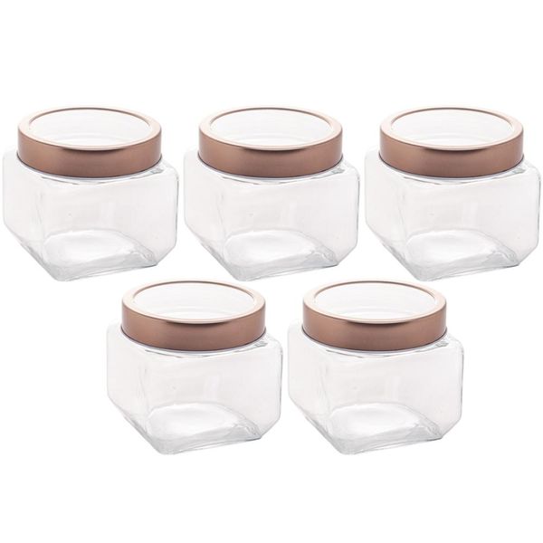 Kit 5 Potes de Vidro Tampa Metal Rose Gold 800ml Gastro Lyor Porta Mantimentos Doces