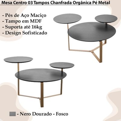 Mesa Centro 03 Tampos Chanfrada Pe Metal Dourado Nero Artesano Nero Dourado