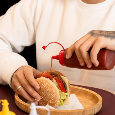 25 Frascos para Molhos Bisnagas Plásticas 250ml para Lanchonete Bar Ketchup Tampa Vermelha