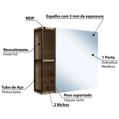 Armário de Banheiro com Espelho e 2 Nichos Preto e Mel 60cm Industrial Espelheira Placa e Ponto