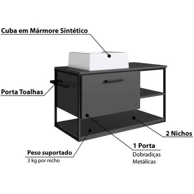 Gabinete Para Banheiro com Cuba Gaveta Suspenso 80cm Grafite Industrial Placa e Ponto