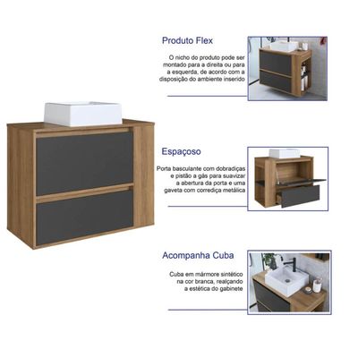 Gabinete Suspenso 80cm Estela Mel Grafite Cuba Branca Gavetão e Basculante Armário De Banheiro