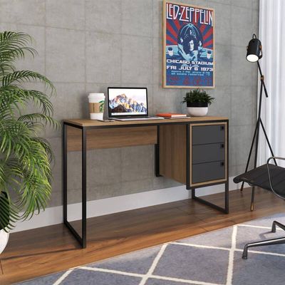 Escrivaninha Com Gaveta Grafite e Mel Mesa De Computador 120cm Placa e Ponto Estilo Industrial