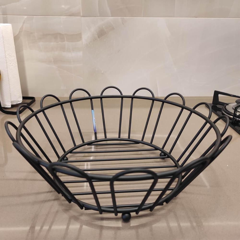 Fruteira Centro de Mesa Aramada Preta 32,5cm Cesto de Frutas Cozinha Bancada