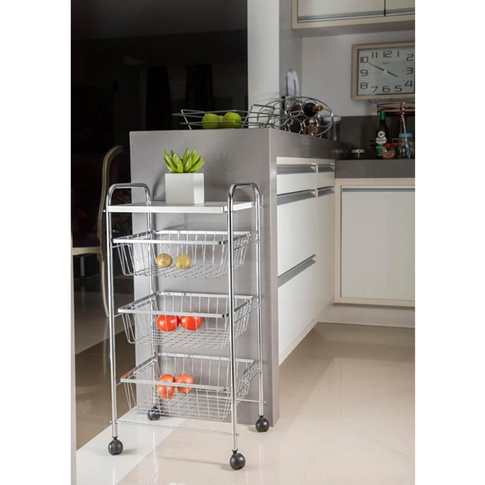 Fruteira de Chão 3 Andares Para Cozinha Aramada com Rodinhas Suporte para Água Schmitt